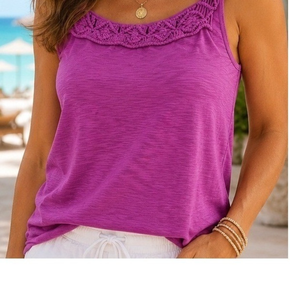 Ralph Lauren Cotton Magenta Purple Macrame Crochet Slub Knit Tank Top Womens M